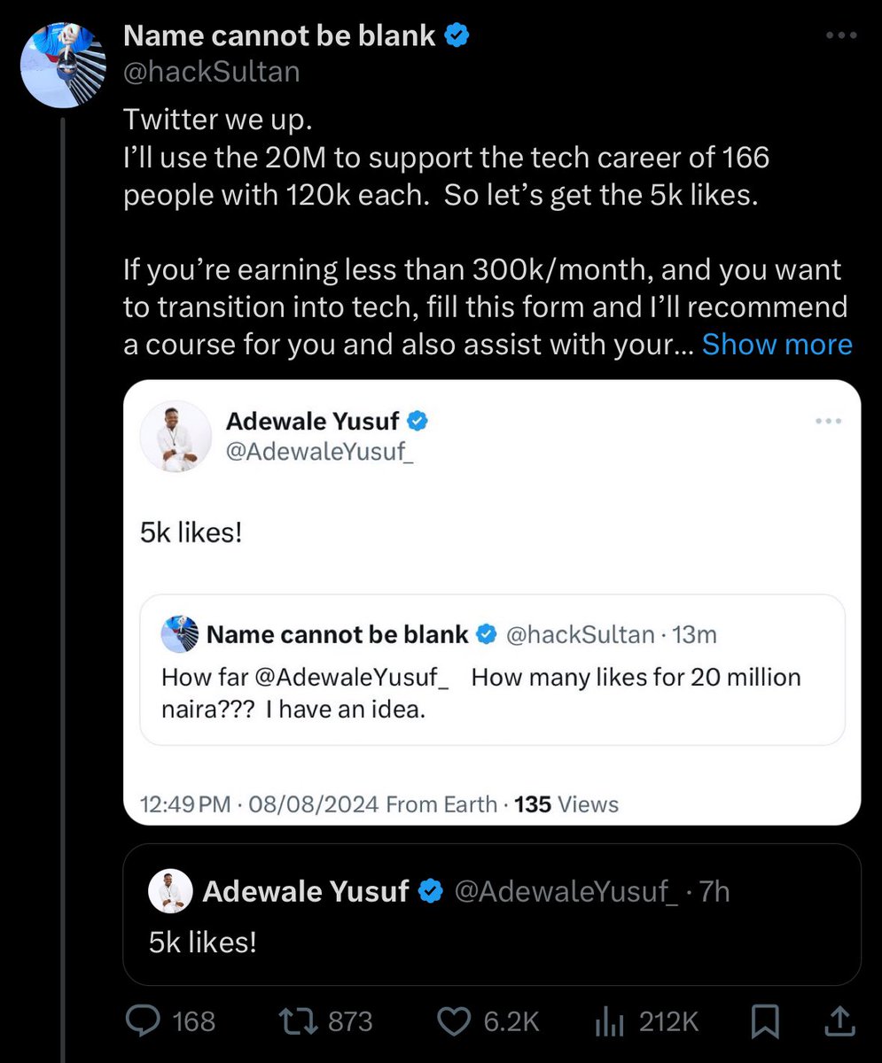 We’ve gotten the 5k likes. 🙏🏽🙏🏽 RT this so the people who need it can benefit.  
I post the form before and I’ll post it again as I intend to close it tomorrow, so kindly RT and share to everyone…

166 people will get 120k each (10,000 naira monthly for 12 months, paid for them)