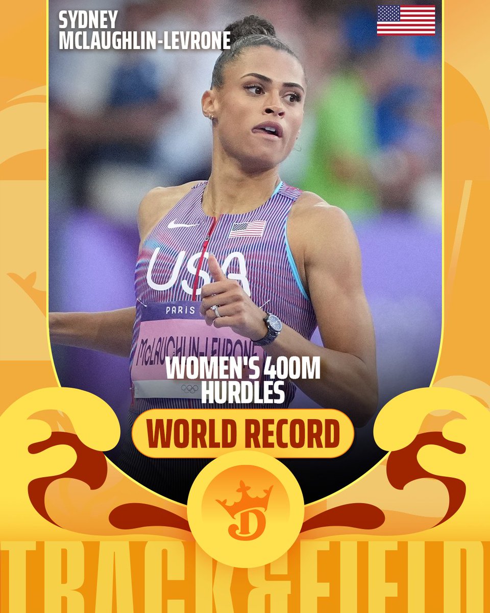 DraftKings's tweet photo. SYDNEY MCLAUGHLIN-LEVRONE REPEATS GOLD IN WOMEN'S 400M HURDLES 🇺🇸🥇

A NEW WORLD RECORD 🤯 https://t.co/rjicWbZDPO