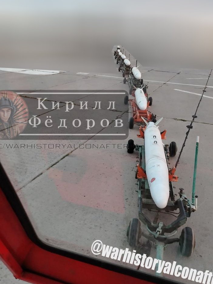 GuyPlopsky's tweet photo. A photo posted on the "warhistoryalconafter" Telegram channel a short while ago showing eight UMPB D-30 SNs on munitions dollies prior to being loaded on VKS Su-34 strike fighters.

Photo source:
https://t.co/rclcxjlT8I https://t.co/MgYbOzb8Bq