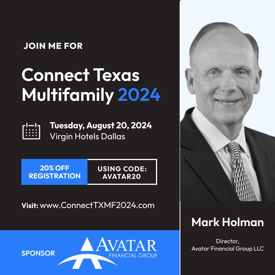 We're thrilled to announce that our Director, Mark Holman, will be speaking on the "Dealmaking Update" panel at the upcoming Connect Texas Multifamily event. Join us in Dallas on August 20 and use the code below to get 20% off your registration!