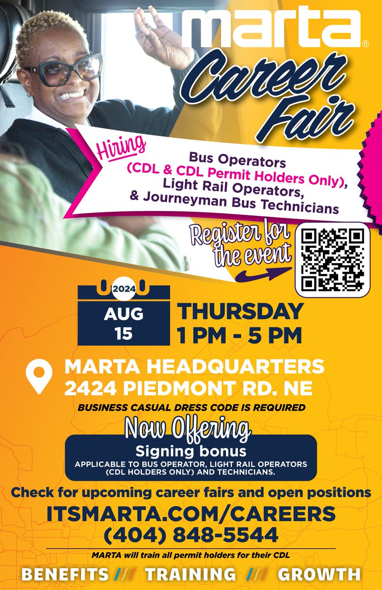 MARTA Career Fair - Thursday, August 15 - 1pm - 5pm
Hiring Bus Operators (CDL &amp; CDL Permit Holders Only), Light Rail Operators &amp; Journeyman Bus Technicians
Link to Register forms.office.com/g/UMtMC2ifP7
#transit #newopportunities #HiringNow #diversityequityinclusion