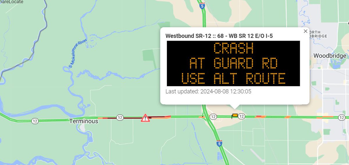 CaltransDist10's tweet photo. #TrafficAlert #Terminous SR-12 is closed due to traffic incident near Peatland Road in Terminous. No ETO.  Seek alternate route. #knowbeforeyougo with https://t.co/KHwTwDD4mo https://t.co/bM9cYC4Gj9
