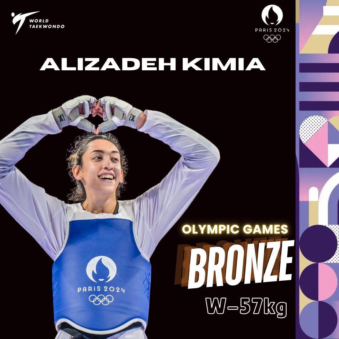 worldtaekwondo's tweet photo. Alizadeh Kimia wins her second Olympic bronze medal🥉

Representing Bulgaria 🇧🇬, Kimia defeated Zongshi Luo🇨🇳 in another thrilling bronze medal match which went the distance and was decided by a single point!

#Taekwondo | #Paris2024 | #OlympicGames https://t.co/n5I39GKyv0