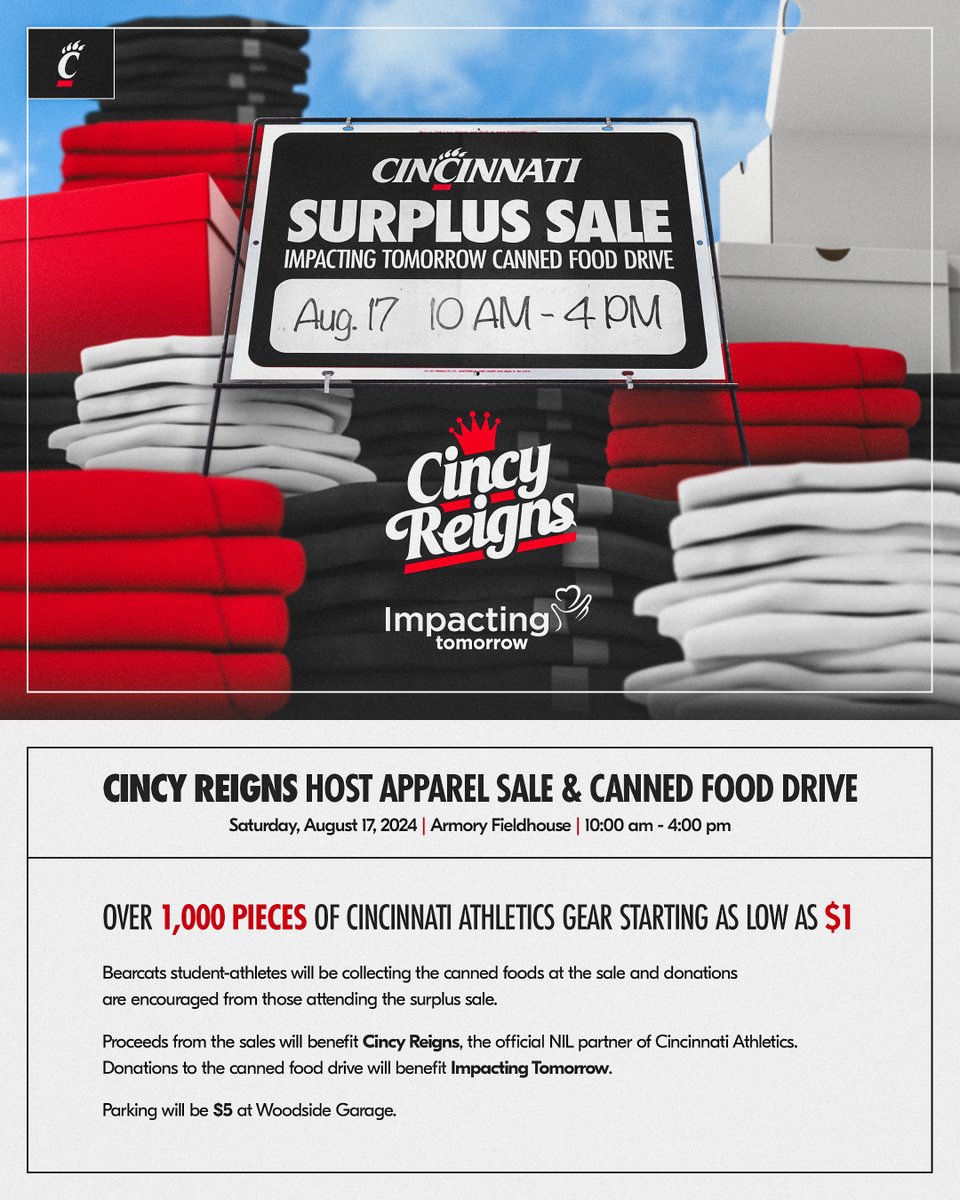 Cincy Reigns will host a surplus apparel sale and canned food drive inside Armory Fieldhouse on August 17!

Proceeds from the sale will benefit Cincy Reigns.

📝: cpaw.me/7b9bac