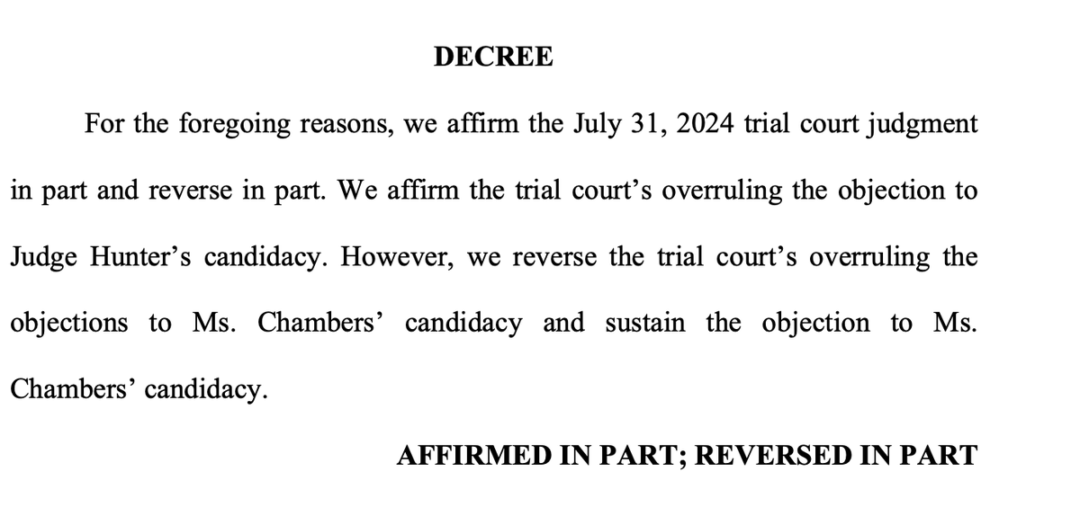 Louisiana Fourth Circuit Court of Appeals has ruled that @HunterforLASC CAN stay in the Supreme Court District 2 race, but <a href="/RicardChambers/">Leslie Ricard Chambers</a> should be removed as a candidate. That would leave Hunter and John Michael Guidry on the ballot. #lalege #lagov