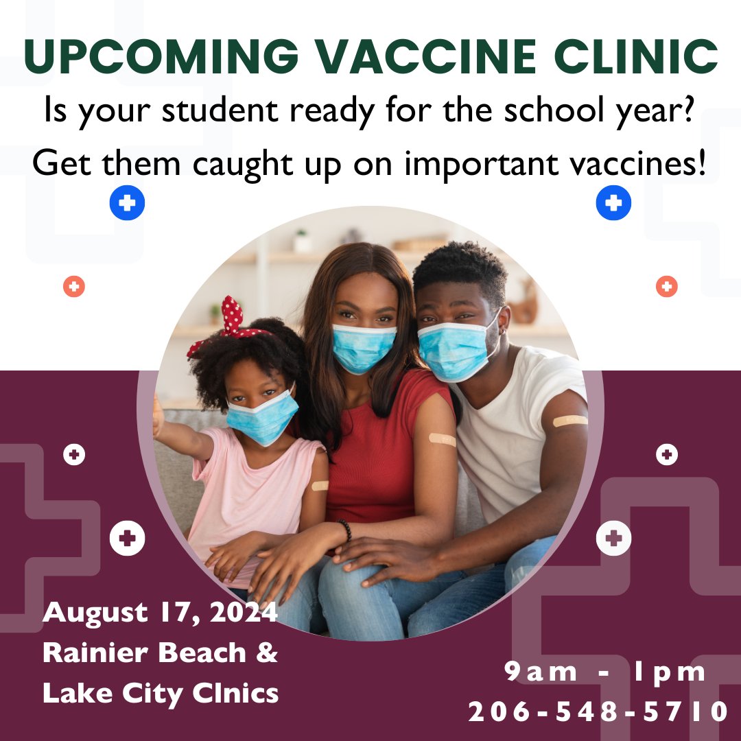 The start of the school year is just around the corner--make sure your kids are ready by getting caught them up on their vaccinations, including against COVID-19!

Visit one of our upcoming vaccine clinics at Rainier Beach or Lake City on August 17. 

neighborcare.org/vaccines