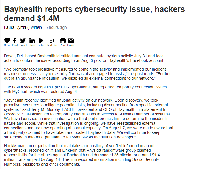 EdGainesIII's tweet photo. Another week &amp; another cyber attack and breach of a hospital IT system, complete with ransom demands. https://t.co/WXIPiYg97Y https://t.co/PqZweld63S