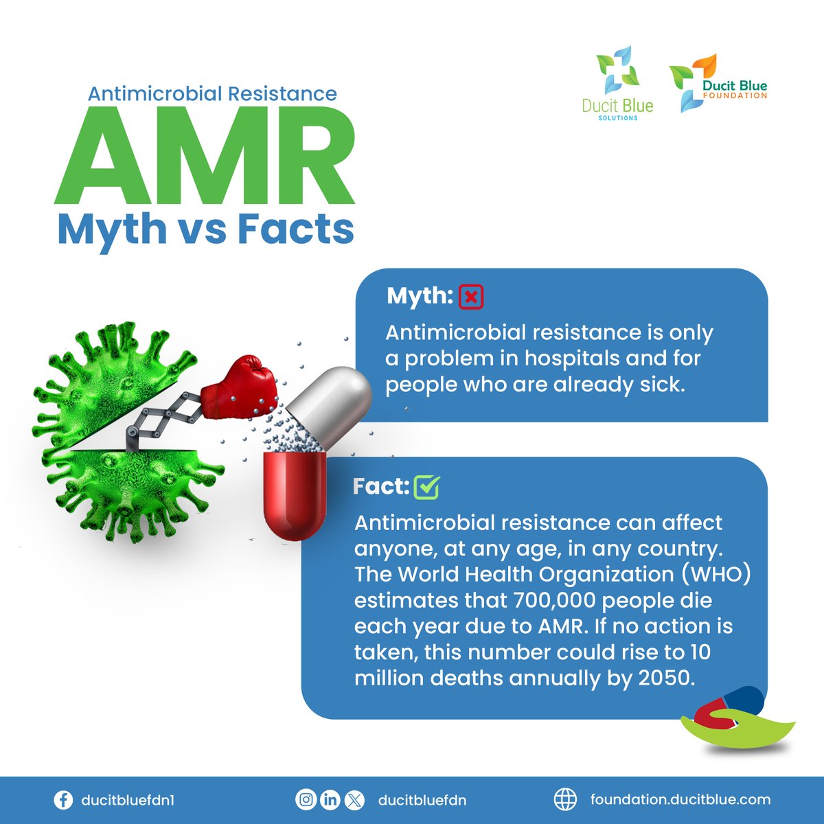 Ducit_Blue's tweet photo. #Myth 🆚 #fact: Antimicrobial Resistance
✅Only take antibiotics when prescribed by a healthcare professional.
Debunk myths and understand the facts for better health awareness!
Share this to save lives!
#ducitbluesolutions #PatientSafety #GlobalHealth https://t.co/qa1wTe3mhG