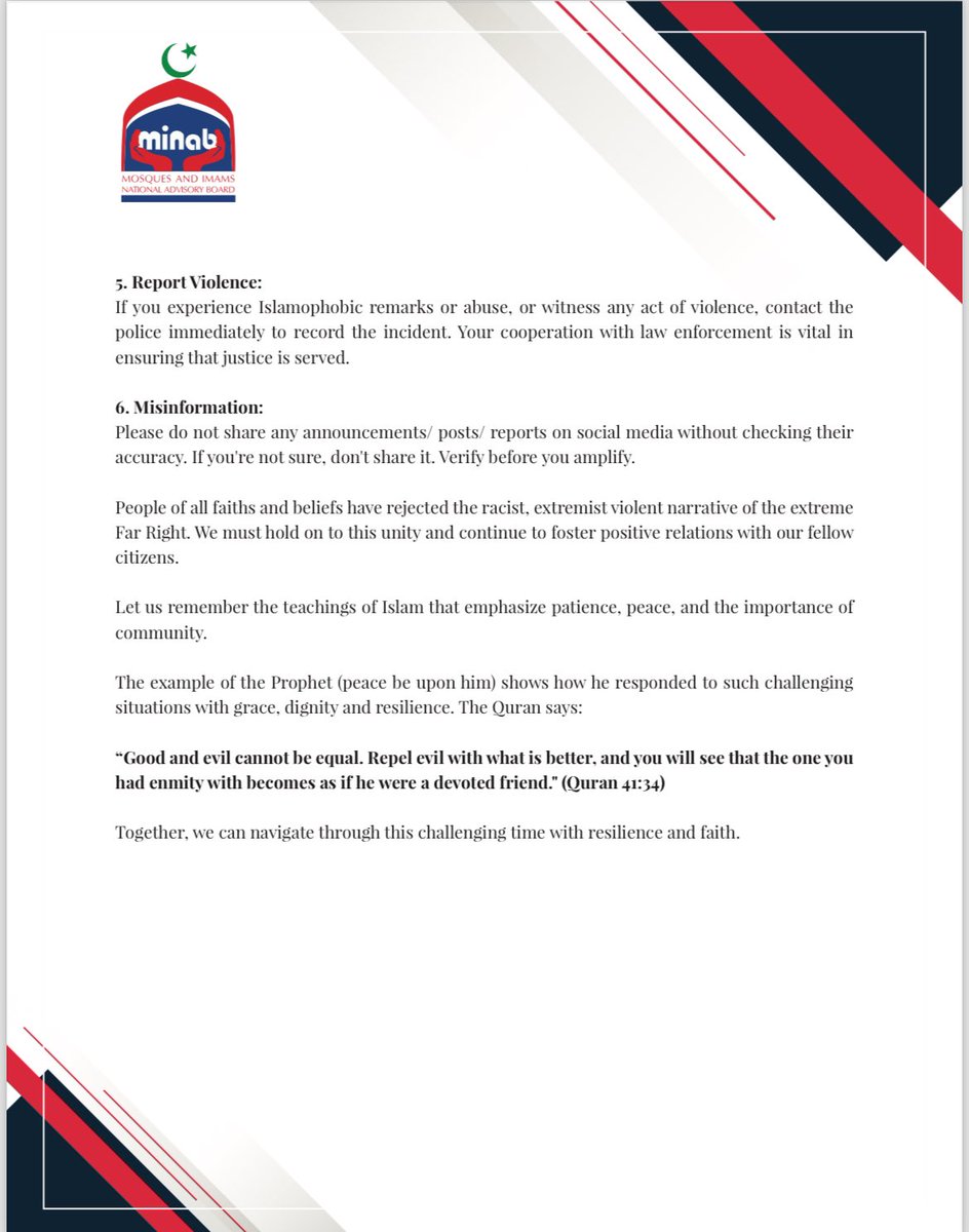 In light of the deliberate provocation by the right-wing groups, it’s important that the Muslim community remains calm and vigilant. <a href="/MINAB_UK/">MINAB - info@minab.org.uk 💙</a> has issued guidance to Muslim community on keeping safe, avoiding provocation and assisting Police to catch racist violent thugs.
