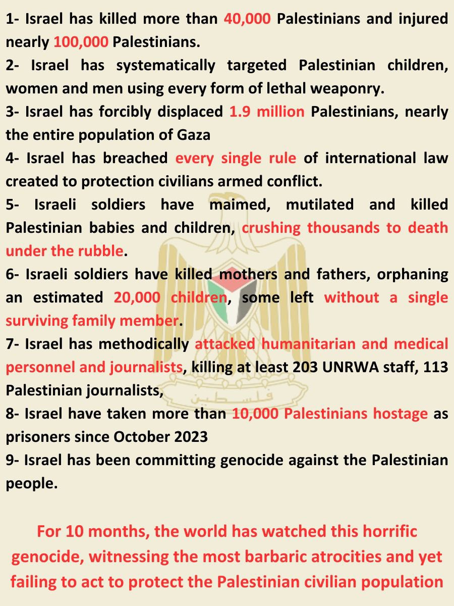 Palestine_UN's tweet photo. At the tragic 10-month mark of Israel’s genocide against the Palestinian people, we remind the world of Israel’s continuing crimes: https://t.co/E4fZcNXLCN