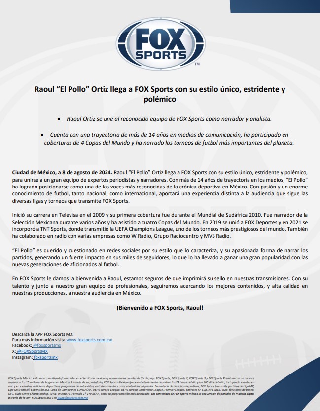 ¡BIENVENIDO <a href="/RaoulPolloOrtiz/">Raoul Ortiz 🐥</a> A FOX SPORTS! 🤩👋 

Raoul Ortíz se une al gran equipo de expertos periodistas y analistas de FOX Sports con su estilo único, estridente y polémico ✌