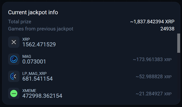 Jackpot over 1800 XRP! Wow!
25,000 games from the last jackpot. The new winner is close...

Dice: xmagnetic.org/dice