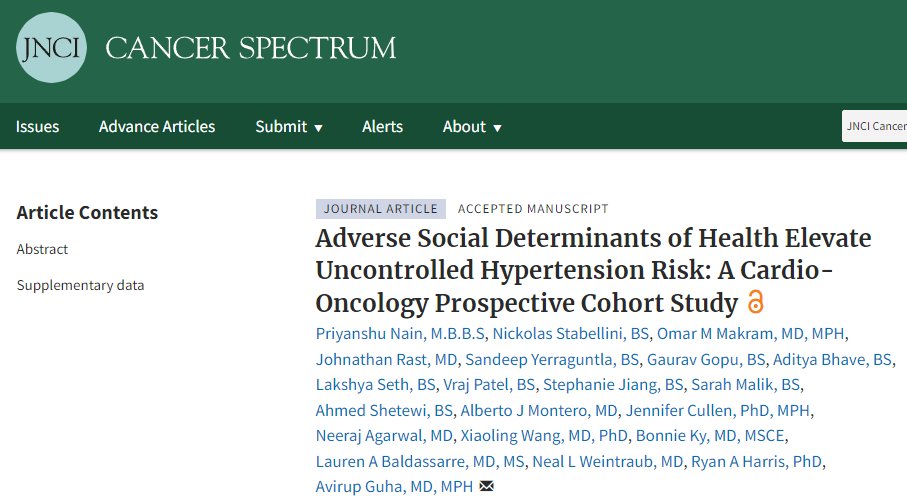 New in <a href="/JNCI_Now/">JNCI</a> cancer spectrum: Social determinants of health (SDOH) strongly impact hypertension control in cancer patients. Our study found that high SDOH scores are linked to a 77% increased risk of uncontrolled HTN. #CardioOnc #SDOH 1/4
academic.oup.com/jncics/advance…