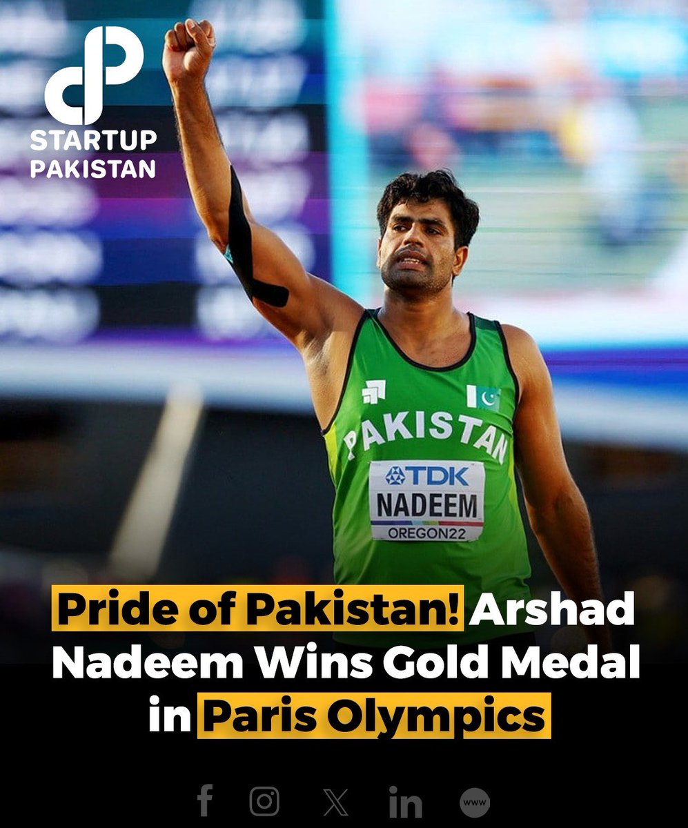 PakStartup's tweet photo. In a moment of national pride, Arshad Nadeem has clinched the gold medal in javelin throw at the Paris Olympics, marking a historic win for Pakistan. 

#ArshadNadeem #OlympicGold #JavelinThrow #PakistanPride #HistoricWin #Paris2024 https://t.co/SCQCCbxMtP