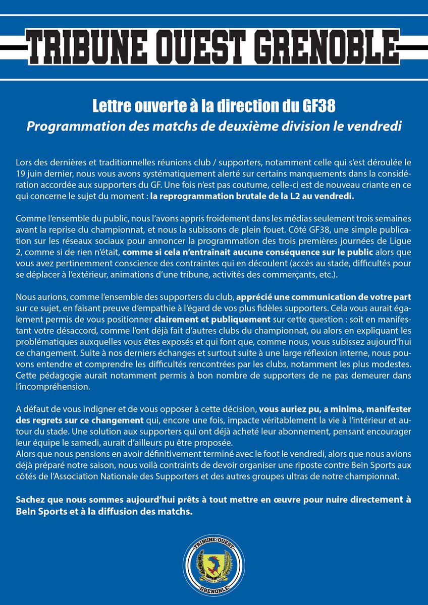 TribuneouestG's tweet photo. 🔹 Lettre ouverte à l'attention de la direction du @GF38_Officiel 

A lire et à partager ⬇️⬇️⬇️ https://t.co/e1G1y2XHjK