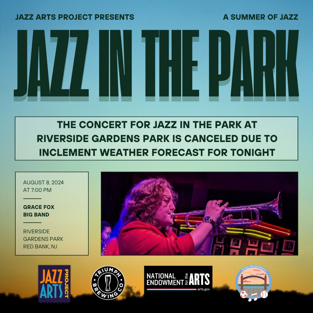 Jazz Arts Project (@jazzartsproject) on Twitter photo We are very sorry but tonight’s jazz concert at Riverside Gardens Park is cancelled due to an inclement weather forecast. We are very sorry but tonight’s jazz concert at Riverside Gardens Park is cancelled due to an inclement weather forecast.