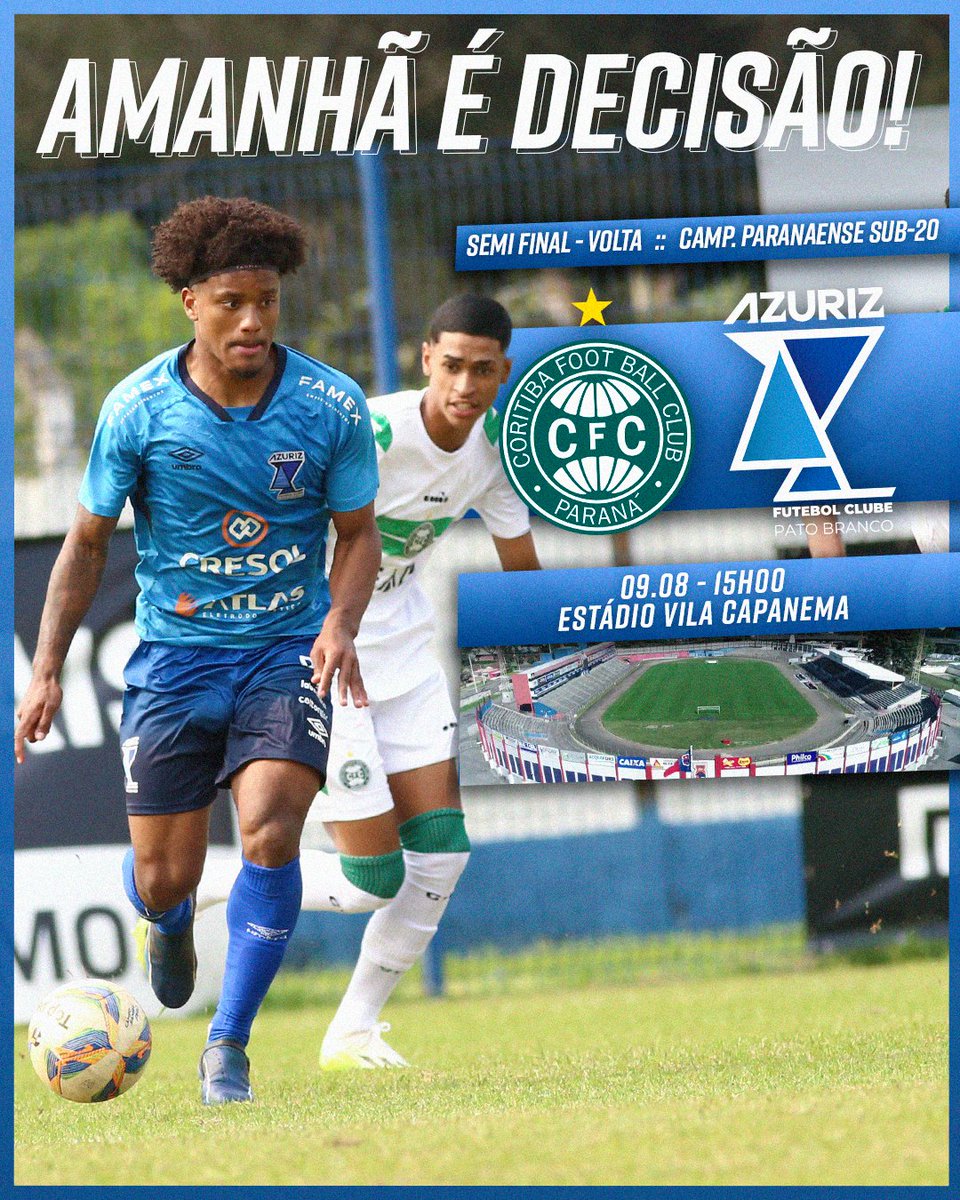 Tá chegando a hora, amanhã é a decisão da Semifinal do Paranaense Sub-20! ⚪️🦅🔵

Na Vila Capanema, o Azuriz busca a vaga na final, e precisa de uma vitória, vamos pra cima! 💪💪

#AzurizFC #CategoriasDeBase #OrgulhoDoSudoeste