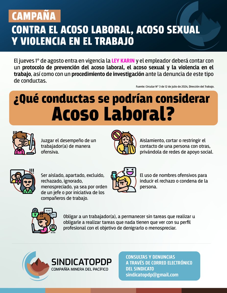 🚩 [CAMPAÑA] Ley Karin: Conoce qué casos podrían constituir Acoso Laboral, Acoso Sexual Laboral y Violencia en el Trabajo. 

Compártelas y ayuda a su difusión con tus equipos de trabajo.

Revisa la campaña completa en sindicatopdp.cl/2024/08/08/cam…