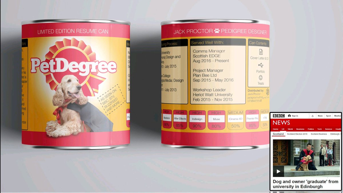 When I left school at 16 having failed EVERY exam, if you'd told me that nearly 20 years later (2016) I'd be sending my CV to prospective employers in a mocked-up dog food tin, I'd have probably said, "yeah, that sounds about right".

#NoWrongPath 
#LoveMyJob