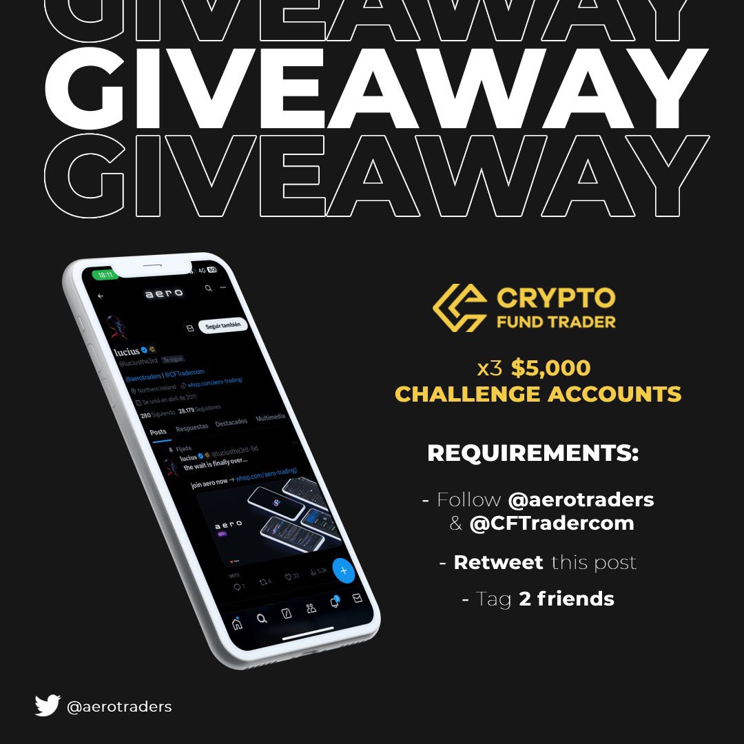 luciusthe3rd's tweet photo. 🚨 GIVEAWAY 🚨

3x $5,000 Challenge Accounts 💸

Rules:
Follow @aerotraders &amp; @CFTradercom 
Like &amp; RT
Tag 2 friends

Winners announced in 48hrs. Good luck 🦾 https://t.co/GsIGVPmJju