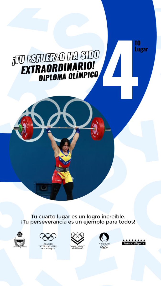 Levantamiento de Pesas.

Diploma olímpico -59kg !!!! 

La venezolana Angelin Venegas debutó en su primera cita olímpica Paris 2024 en la halterofilia, categoría 59kg con diploma olímpico con un merecido 4to lugar.