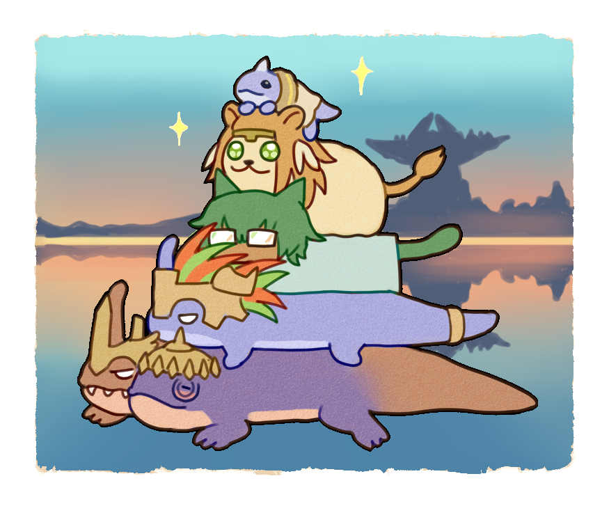 家族写真（？）
🦎🦎🦎🐱🦁🦎
#FFXIVART #DAWNTRAIL