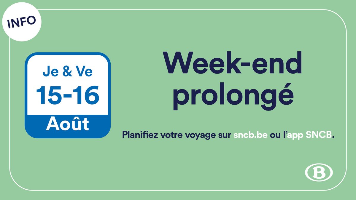 🚆 Pendant le week-end prolongé de l’Assomption, vous êtes moins nombreux à prendre le train, nous adaptons donc légèrement notre offre de trains.
📷 Le Weekend Ticket est valable du mercredi 14 (19h) au dimanche 18 août inclus.
📷 belgiantrain.be/fr/news/long-w…
 #SNCB