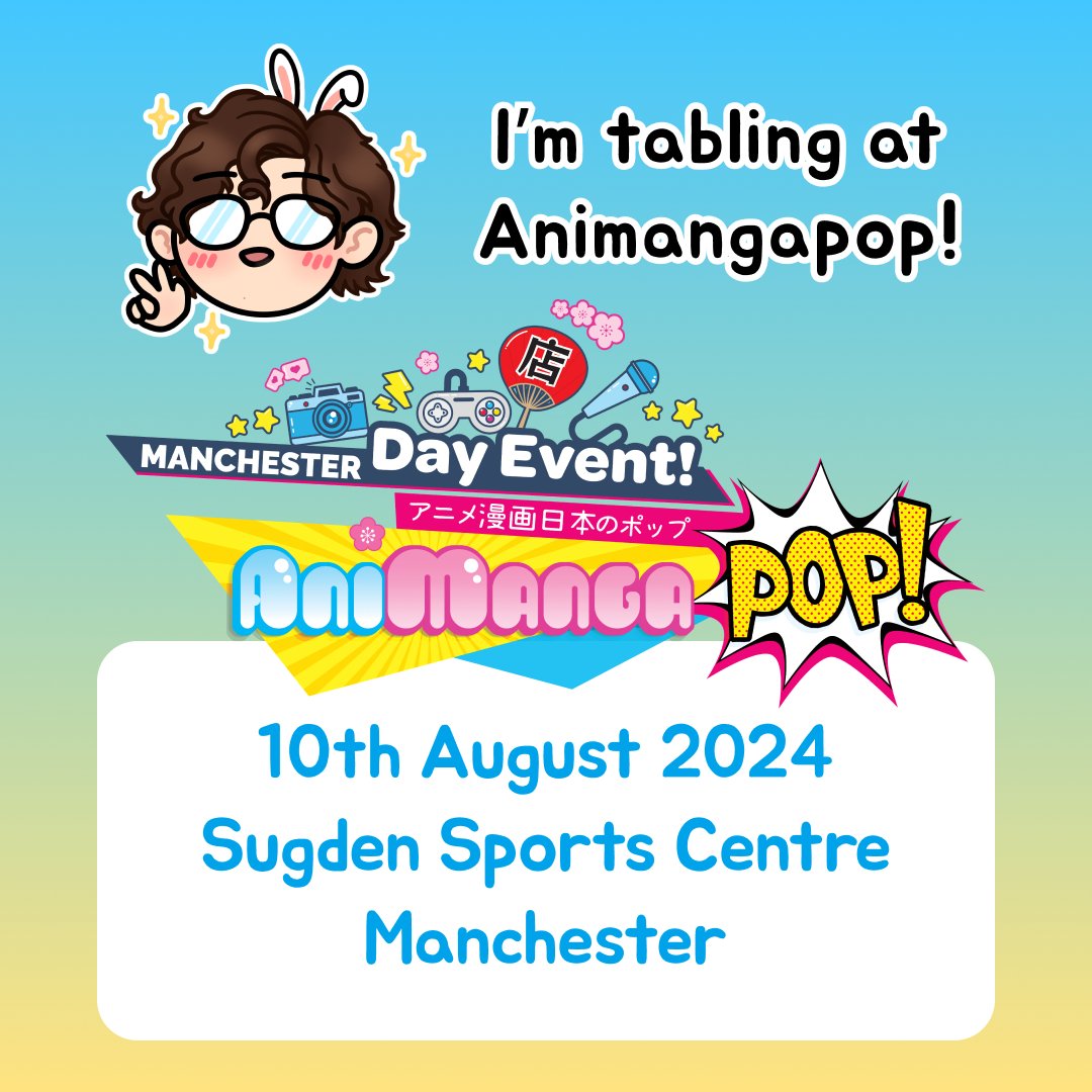 I'll be tabling at Animangapop Manchester this Saturday! 10th August 2024 at the Sugden Sports Centre in Manchester, UK. 

I'll be doing clearing out some older stock to make space for some new stuff, so please come by for a cheeky lil deal or just come say hi, I'd like that too!