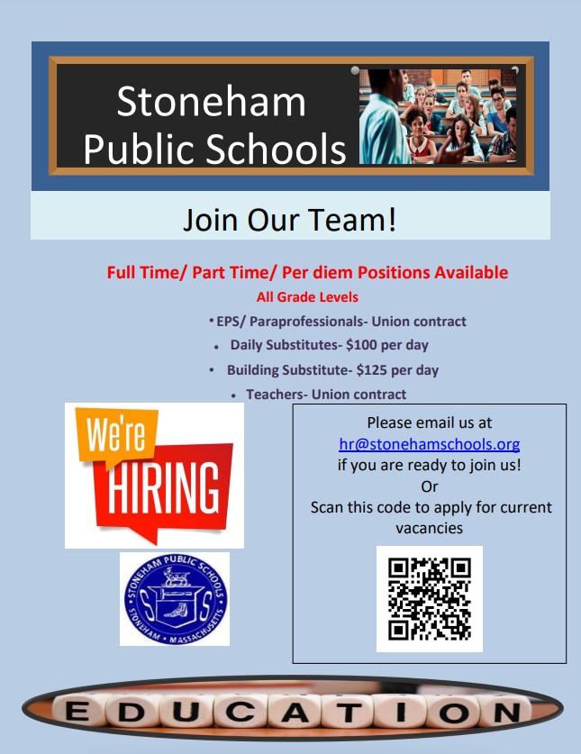StonehamPS's tweet photo. Stoneham Public Schools is hiring! https://t.co/yrsBQa2kvb