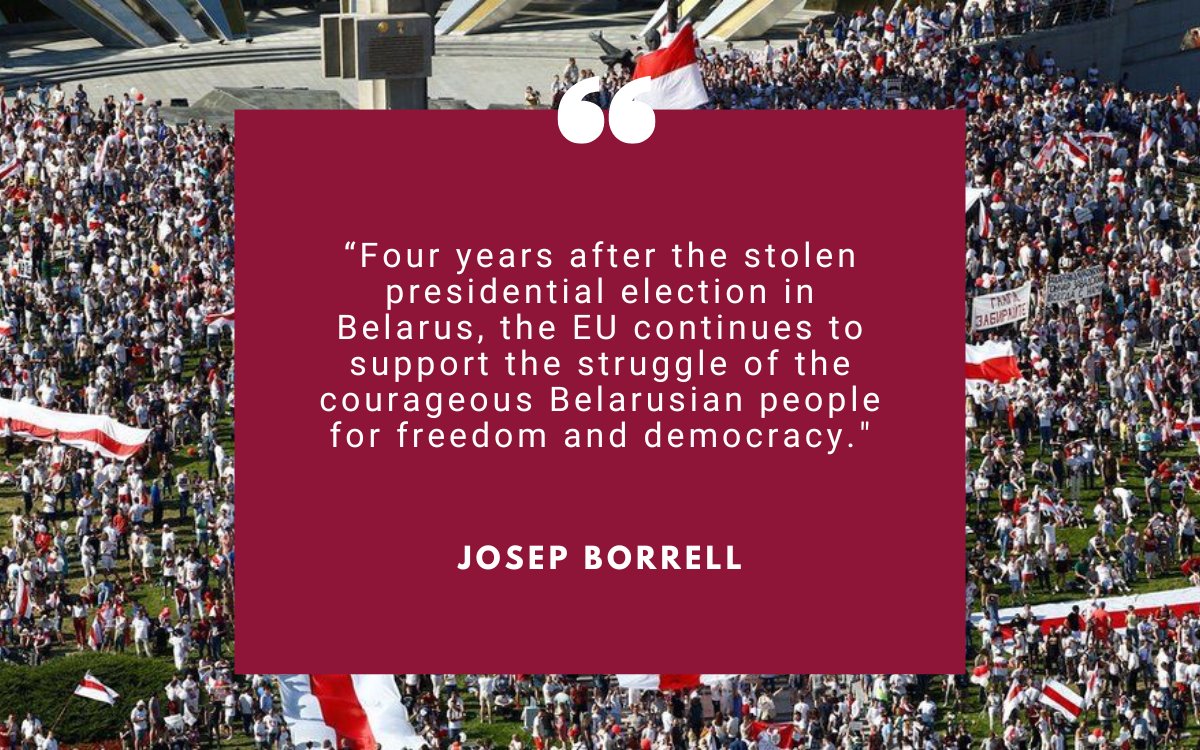 JosepBorrellF's tweet photo. 4 years ago, Belarusians went to the polls with hope for democratic change. Instead they saw massive electoral fraud, a brutal crackdown, isolation and increasing dependence on Russia
We will continue to support civil society and democratic forces
My blog
https://t.co/wUzZXn3p7z https://t.co/LHkxjpwcRC