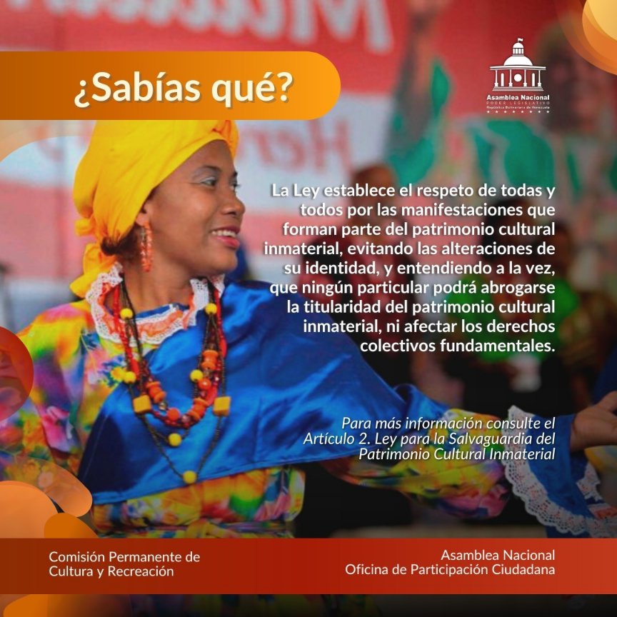saenzmanuela617's tweet photo. #8Ago La Ley para la Salvaguardia del Patrimonio Cultural Inmaterial de Venezuela tiene como objetivo proteger y promover las tradiciones, expresiones y saberes ancestrales que forman parte de nuestra identidad nacional #PuebloSonrienteYEnPaz #JusticiaSoberana #VenezuelaSeRespeta https://t.co/9oZtbN8b0R