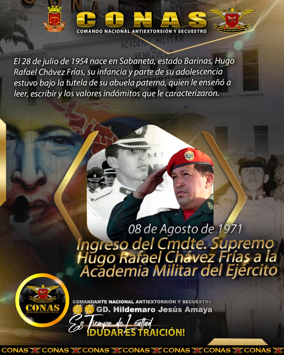 El #8Ago del año 1971 ingreso a la Academia Militar del Ejército nuestro Comandante Supremo y Eterno Hugo Rafael Chávez Frías, máximo líder de la Revolución Bolivariana.

¡Su legado permanece vivo en la conciencia y en el corazón del pueblo venezolano.!