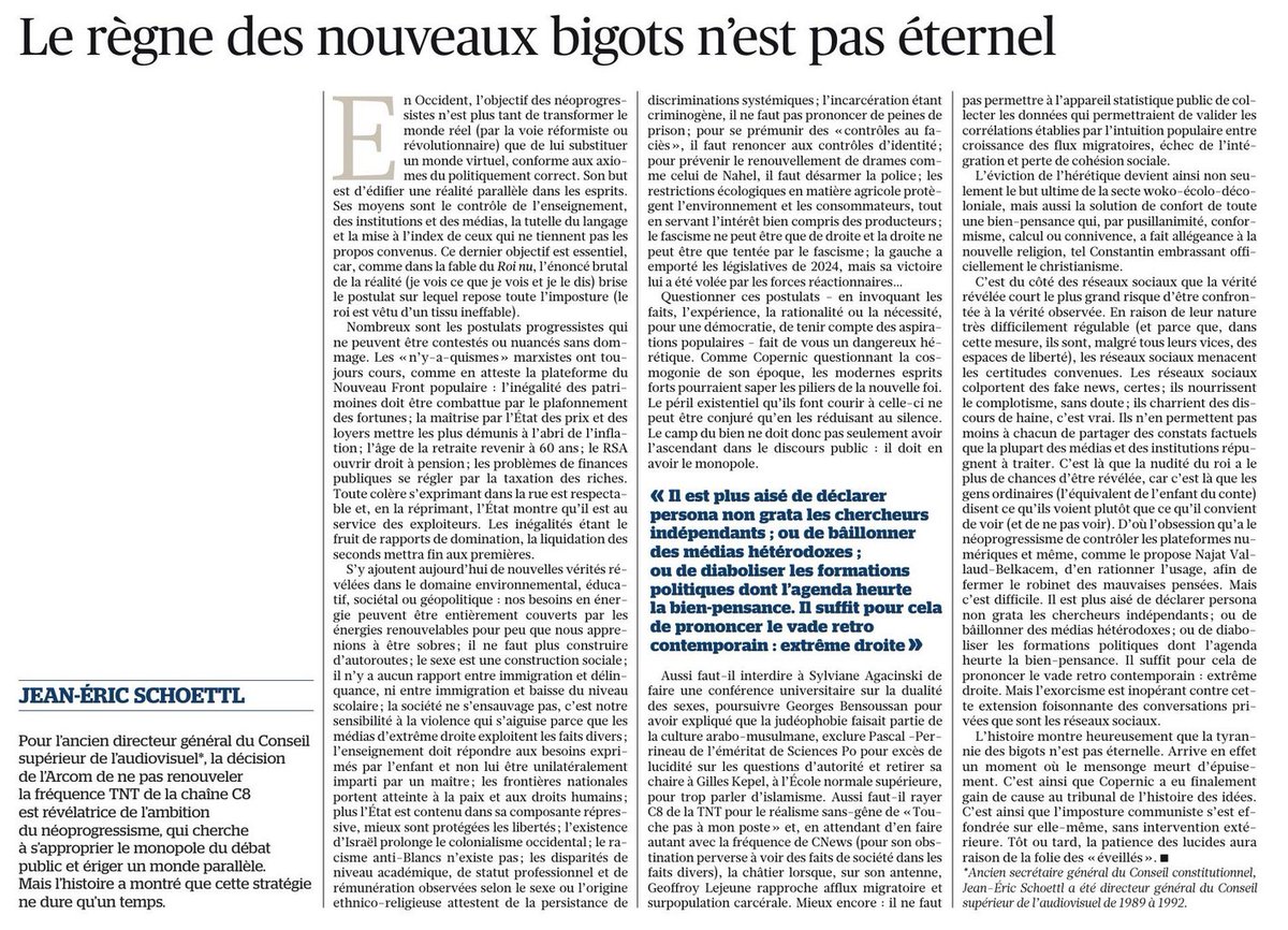 🔴 Tribune absolument brillante de Jean-Éric Schoettl (Ancien secrétaire général du Conseil constitutionnel, ancien directeur du CSA) : 
« Arcom, néoprogressistes... Le règne des nouveaux bigots n’est pas éternel » lefigaro.fr/vox/medias/jea…