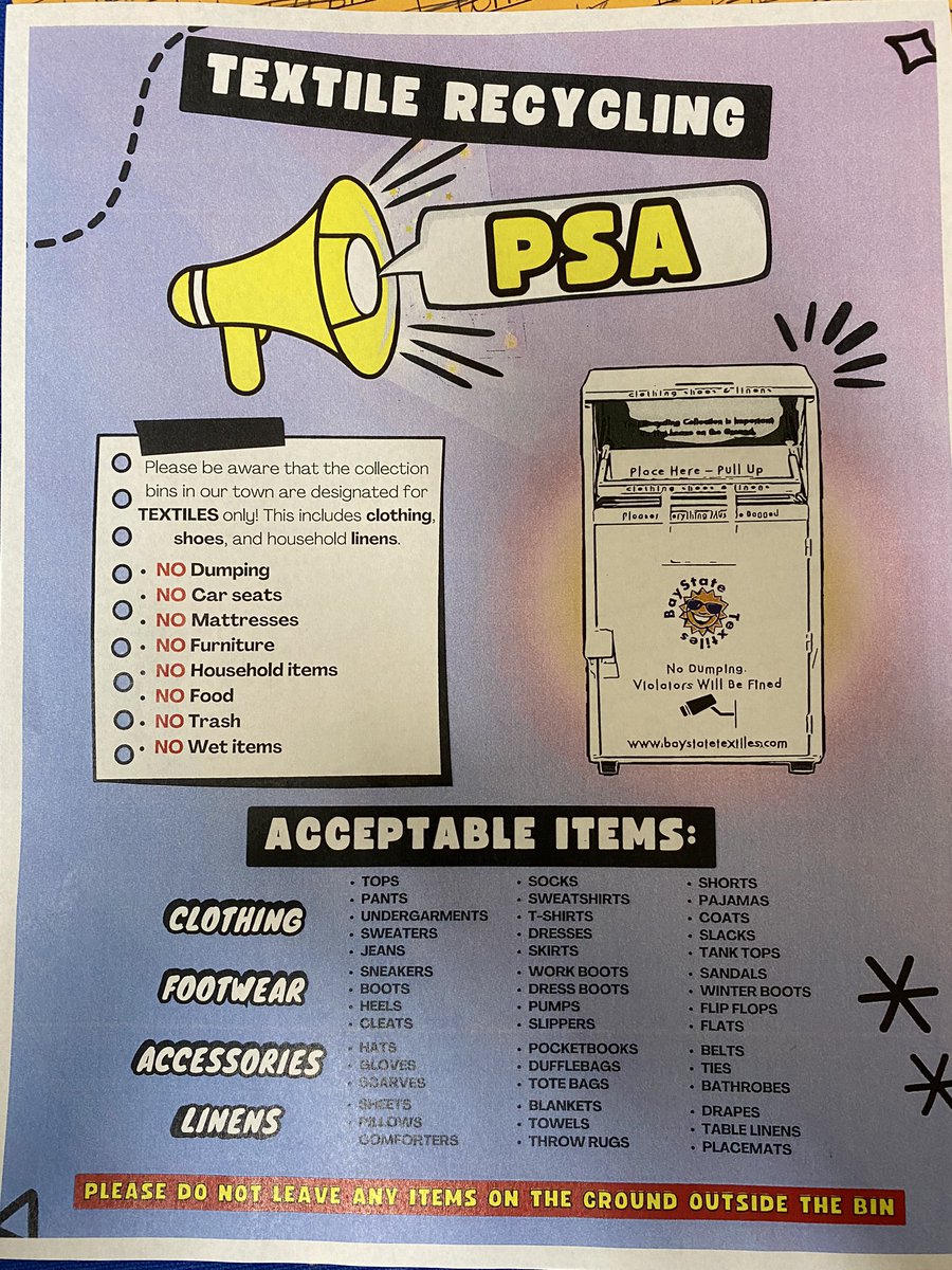 Good reminder about what can go in our textiles recycling bin at Prescott and what can’t go in! <a href="/NorwoodSchools/">NPS</a>