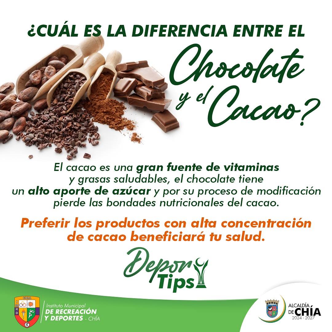 Nuestro deportip de la semana: El cacao es una gran fuente de vitaminas y grasas saludables, el chocolate tiene un alto aporte de azúcar.
