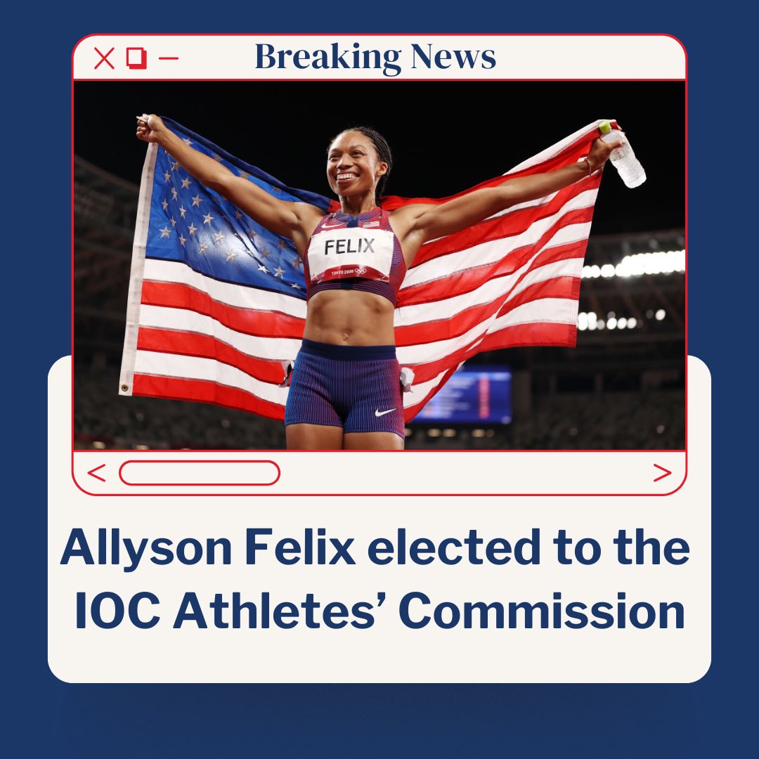 In an election by her athlete peers at the Olympic Games, Allyson Felix has been elected to serve on the IOC Athletes’ Commission 

Allyson has been an appointed member of the IOC AC since 2022 and in this role has served as an ex-officio member of Team USA AC!