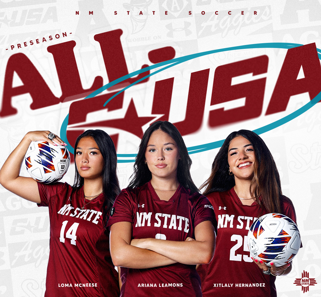 NMStateWSOC's tweet photo. Not 1⃣, not 2⃣, but 3⃣ Preseason All-@ConferenceUSA Players! 😤

𝗥𝗲𝗹𝗲𝗮𝘀𝗲 » https://t.co/WYhy16aMyk

#AggieUp | #NoLimitsOnUs https://t.co/JXI9CcIr5G