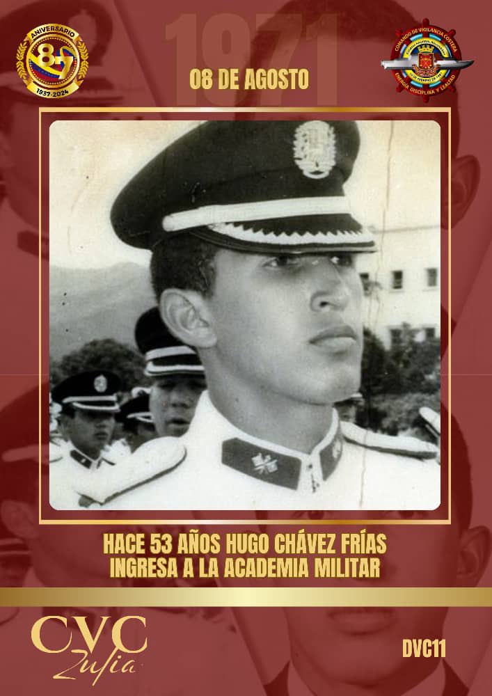 Hace 53 años, nuestro Comandante #Chávez ingresó a la Academia Militar de Venezuela, donde se formó como soldado de la Patria demostrando su gran pasión por la vida militar, la historia y el legado de nuestro Libertador Simón Bolívar.