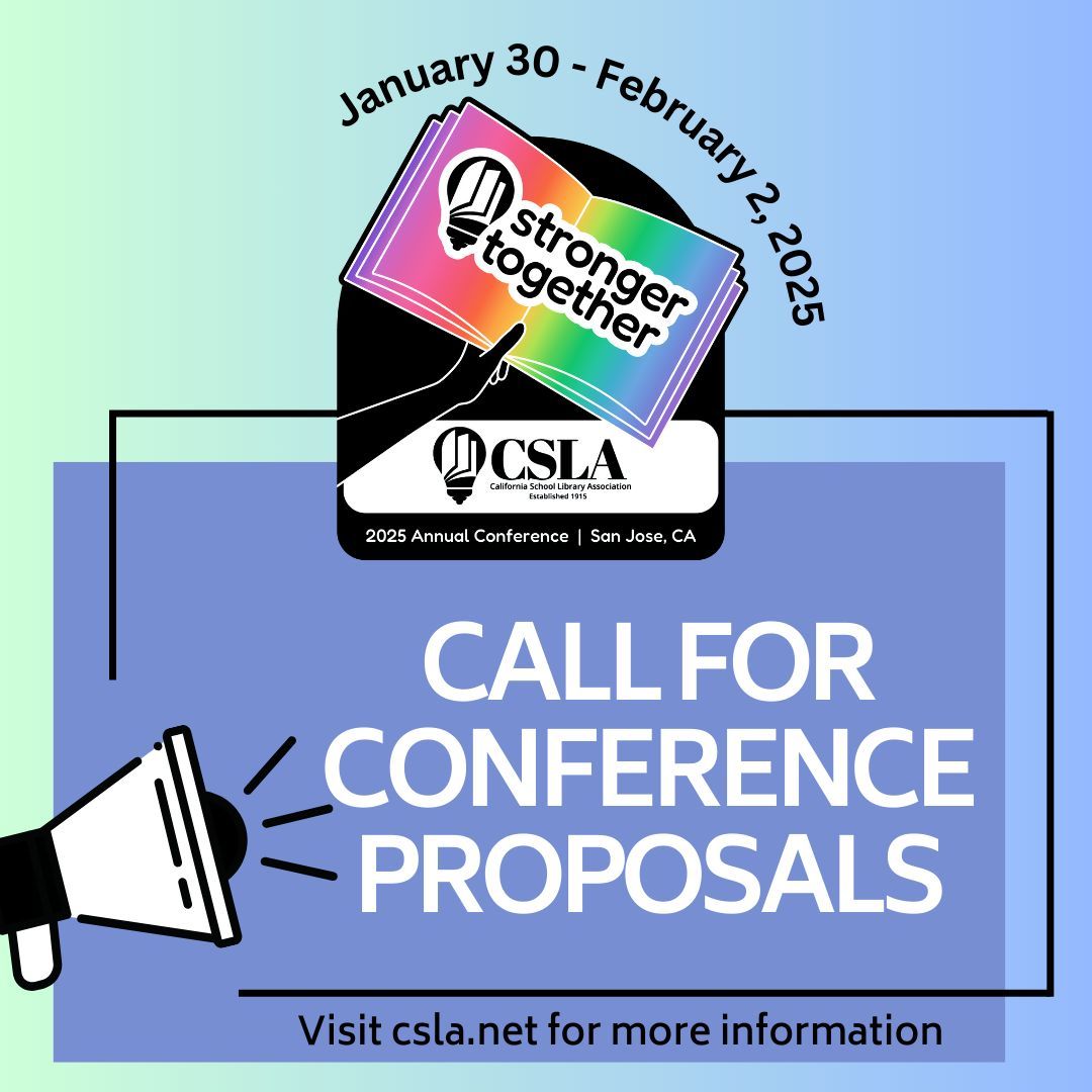 CSLA (@4csla) on Twitter photo The California School Library Association seeks presentation proposals for the CSLA annual conference from Jan 30-Feb 2, 2025 in San Jose.
The first deadline for proposal submissions is midnight, August 30.
To learn more and submit a proposal, visit the link in our bio. The California School Library Association seeks presentation proposals for the CSLA annual conference from Jan 30-Feb 2, 2025 in San Jose.
The first deadline for proposal submissions is midnight, August 30.
To learn more and submit a proposal, visit the link in our bio.