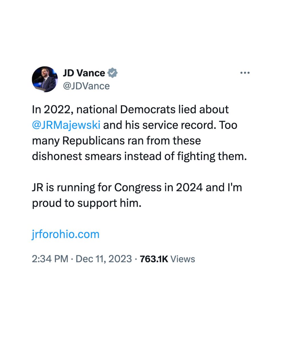HQNewsNow's tweet photo. Unearthed: JD Vance supported a congressional candidate who egregiously lied about his military service and claimed he was deployed to Afghanistan when he never was.

Vance said he is “proud to support him” despite learning about his stolen valor. https://t.co/XFMMlcW3dY