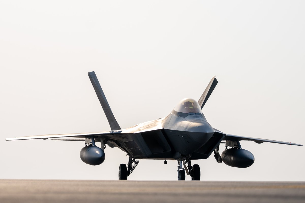 CENTCOM's tweet photo. U.S. Air Force F-22 Raptors arrived in the U.S. Central Command area of responsibility Aug. 8 as part of U.S. force posture changes in the region to mitigate the possibility of regional escalation by Iran or its proxies. https://t.co/BuuzbUHu9s