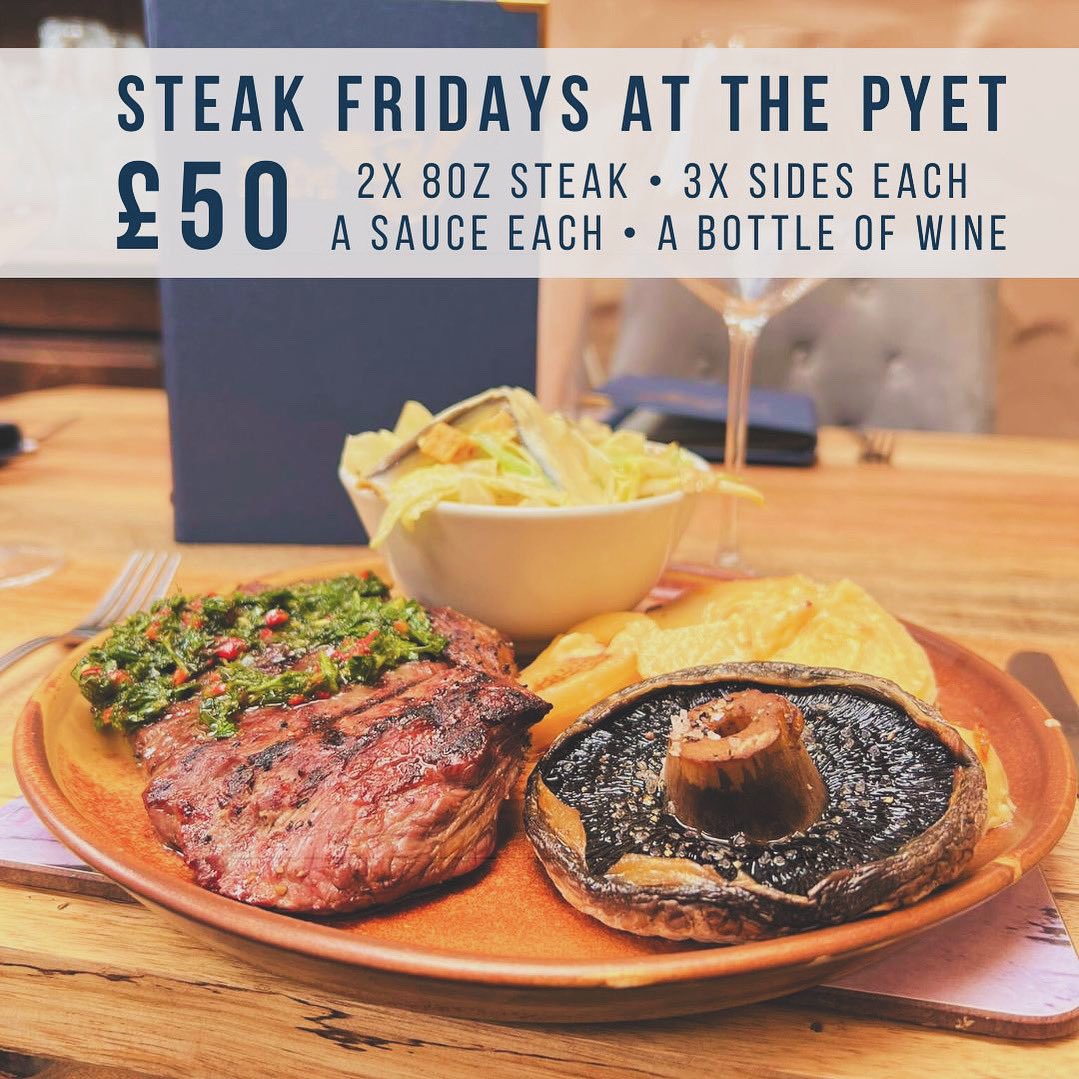 PyetDeli's tweet photo. Brand new from us here @PyetDeli Steak Fridays. 2x 8oz Steaks, 3x Sides Each, 1x Sauce Each and a Bottle of Wine £50.00. Get booked in on our website. 🥩🥩https://t.co/LdHuMLPPrV https://t.co/bZxA4Qx4da