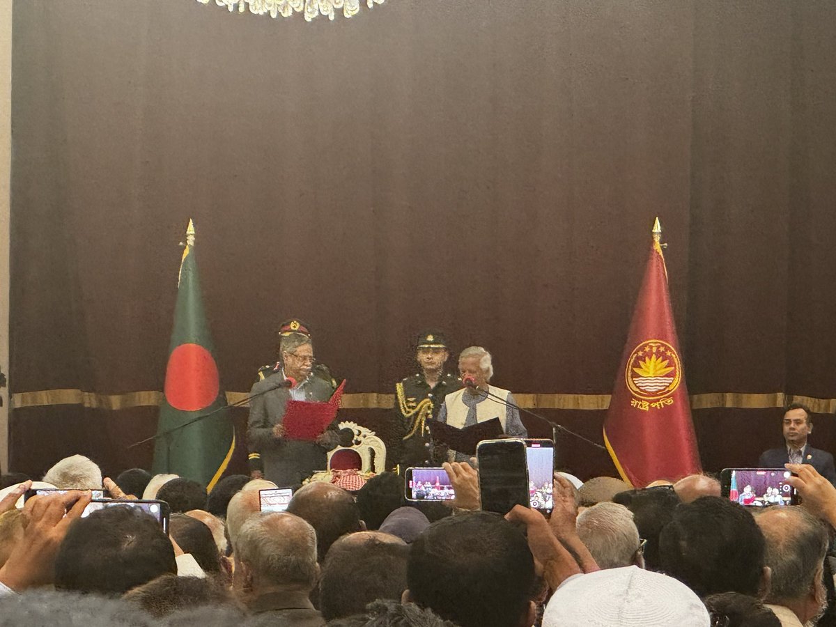At 9:20 PM local time, Muhammad Yunus was sworn in as the head of the interim government in #Bangladesh by President Mohammed Shahabuddin.