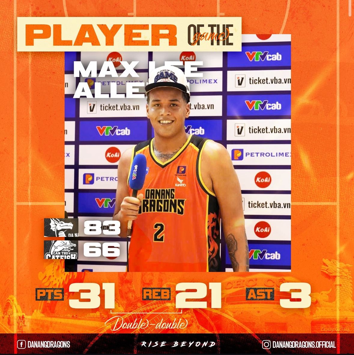 Max Allen in today’s Da Nang Dragons (VBA) win:

31 PTS
21 REB 
62.5% FG

Game highs both in PTS and REB, what a career game for Allen II.