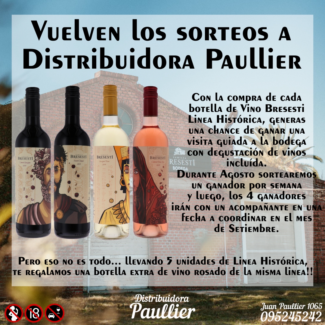 DistriPaullier's tweet photo. Vení a #DistribuidoraPaullier, comprá vino #Bresesti y podes ganar una visita guiada a la bodega

Costo unitario del #LineaHistórica, $275
Llevando 5 botellas, te regalamos la 6ta (Rosé)

Te esperamos en Juan Paullier 1065 a metros de Bulevar España

Viví una #EsperienciaBresesti https://t.co/NFe0PW8833