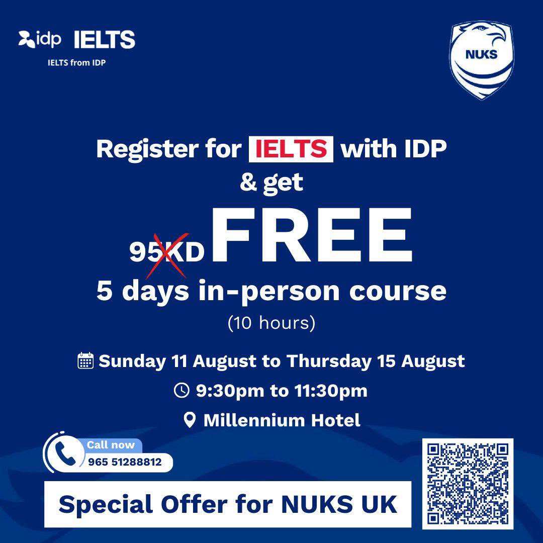 يعلن الاتحاد الوطني لطلبة الكويت - فرع المملكة المتحدة عن إقامة دورة IELTS - UKVI بالتعاون مع idp

in-person course 
- المقاعد محدودة 
- مدة الدورة 5 أيام 

* يرجى التواصل مع الرقم المرفق في الصورة للتسجيل 
#NUKS