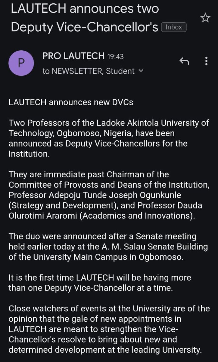 Congratulations to my academic father and mentor, Prof. Araromi D.O., on your appointment as the Deputy Vice Chancellor of the best state university in Nigeria, <a href="/lautechofficial/">Ladoke Akintola University of Technology</a>