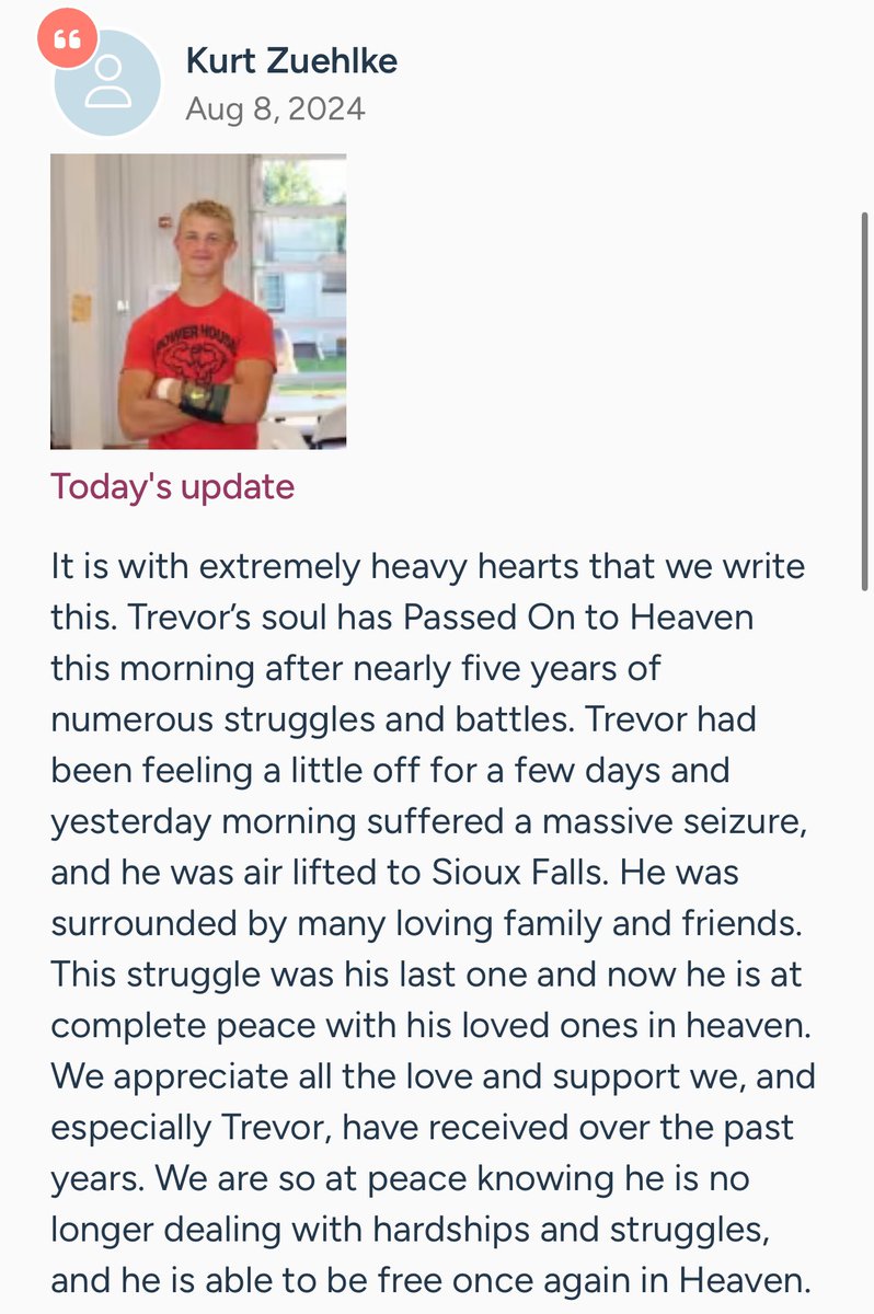 Brian_Haenchen's tweet photo. Trevor Zuehlke died this morning, per his Caring Bridge page. He suffered a traumatic brain injury during a football game in 2019.
Trevor was such a bright light in the world.
@ArgusSports @Nate_WekSDPB https://t.co/o3SirAQ3Ca