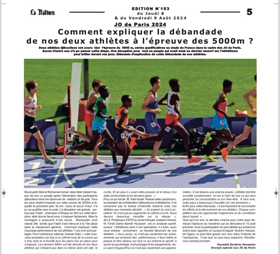 hachinosahmed's tweet photo. Enfin, je vois un article critique apparu sur le journal la Nation de ce jeudi. Pour moi, c'est le début de la critique constructive dans la presse écrite et j'espère que la presse audiovisuelle suivra. Mais pour fois, je soutiens nos athlètes.
#Lanation.
#djibouti. https://t.co/Z85zNsagMM