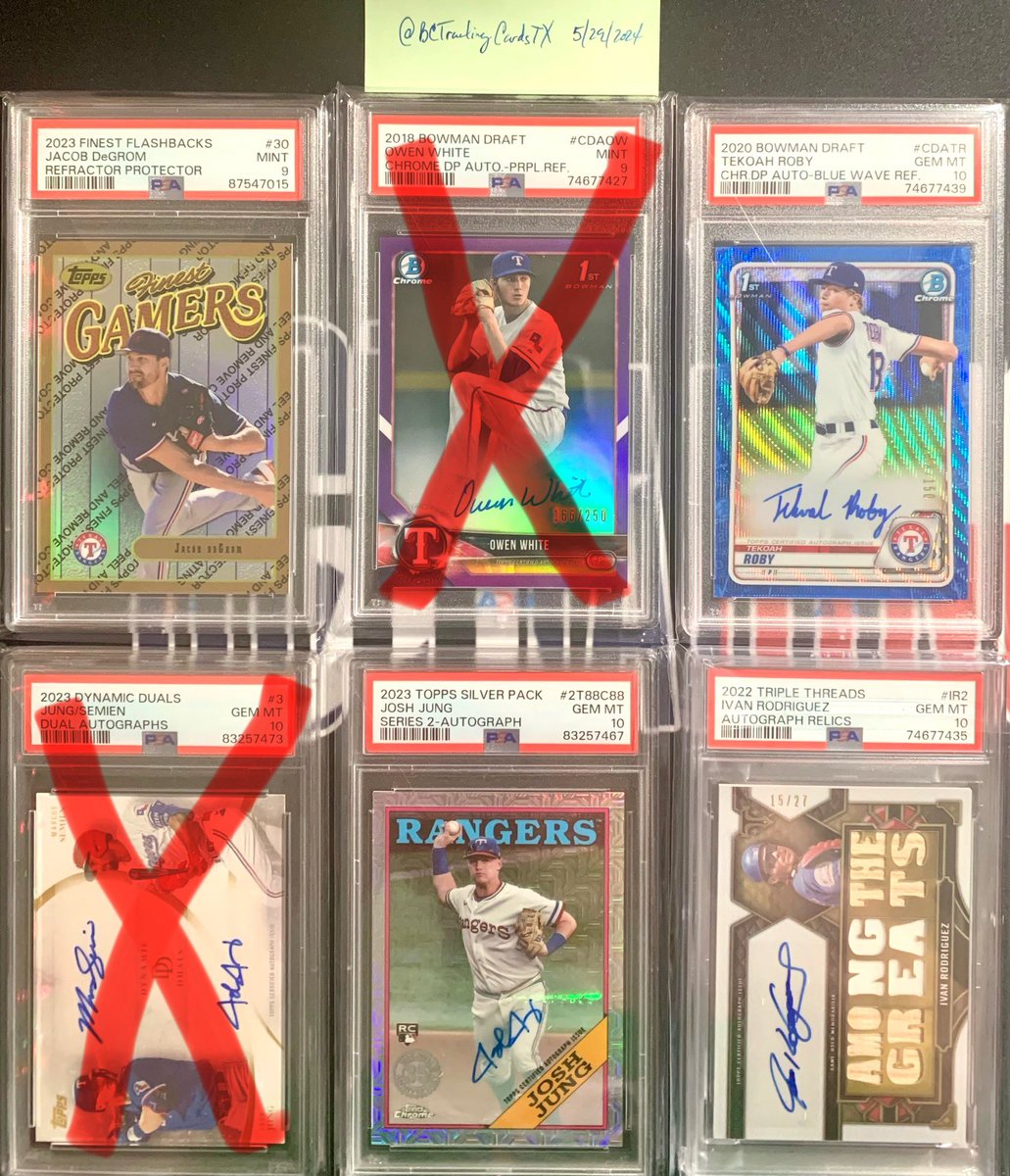 BCTradingCardTX's tweet image. Bunch of Rangers slabs if anyone is interested! Prices range anywhere from $30 shipped for the lower end stuff up to $210 for the Pudge triple relic auto! Happy to work deals if I can.